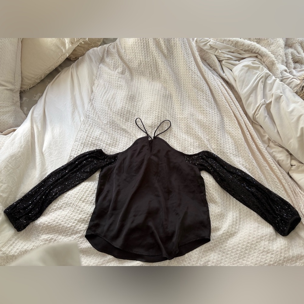 New w tags Heartloom Black Cold Shoulder Blouse with Sequin Sleeves